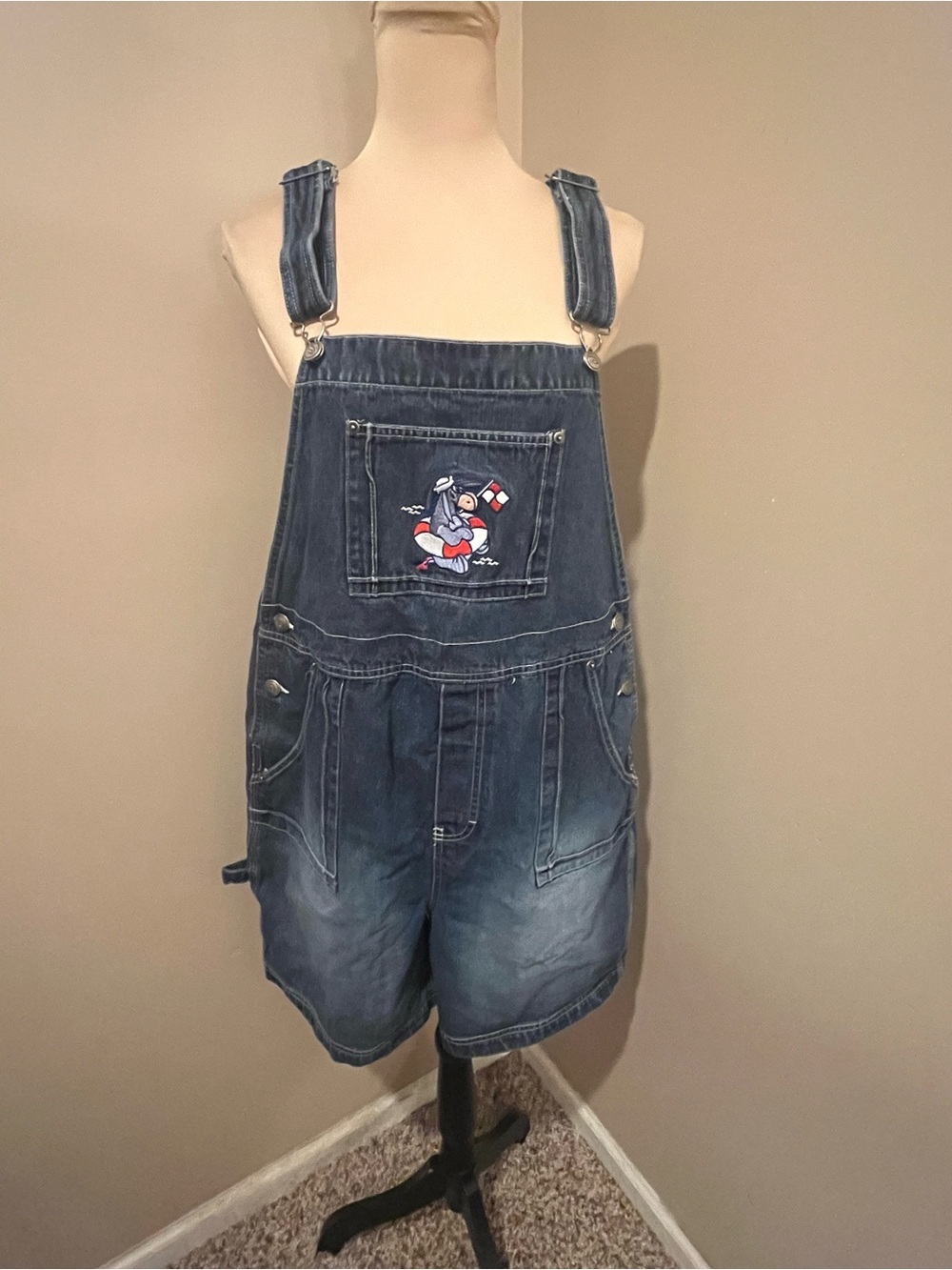 Vintage Disney Denim Short Overalls Embroidered Eeyore Sailor, XL